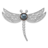 Sterling Silver Rhodium-plated 8-9mm Black Button Freshwater Cultured Pearl and CZ Dragonfly Brooch