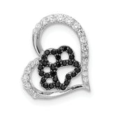 Sterling Silver Bk/Wht CZ Rhod-plated Paw Print Heart Chain Slide