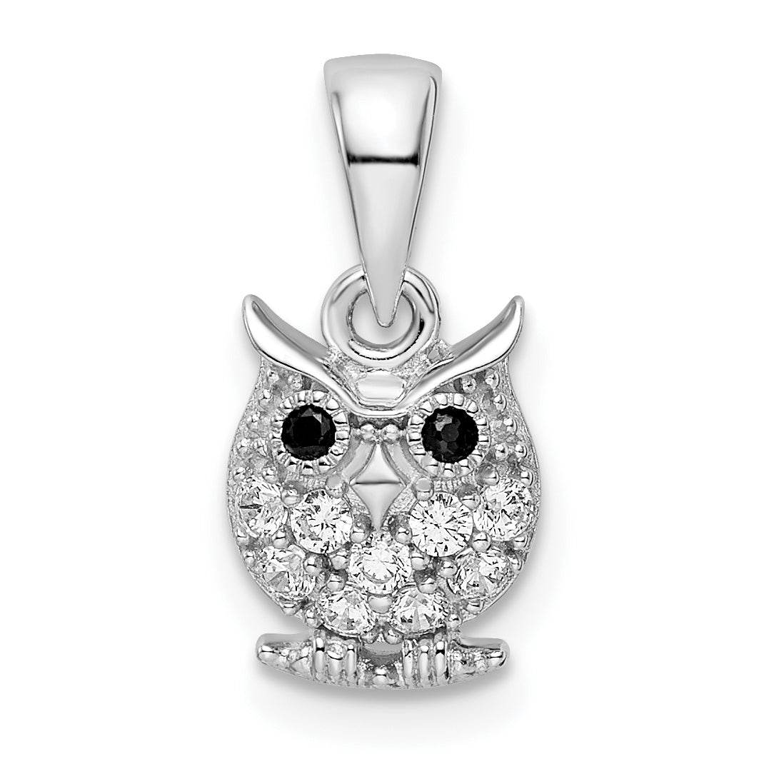 Sterling Silver Rhodium-plated Polished Black and White CZ Owl Pendant