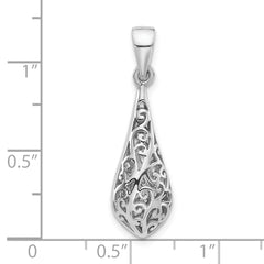 Sterling Silver Rhodium-Plated Polished Puffed Filigree Teardrop Pendant