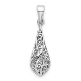 Sterling Silver Rhodium-Plated Polished Puffed Filigree Teardrop Pendant