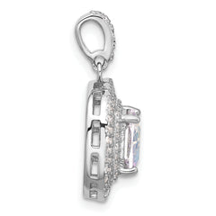 Sterling Silver Rh-plated Clear and Iridescent CZ Square Halo Pendant