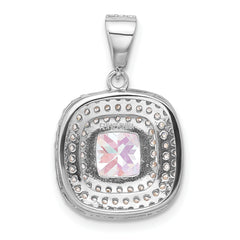 Sterling Silver Rh-plated Clear and Iridescent CZ Square Halo Pendant