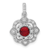 Sterling Silver RH-plated Red Glass & Clear CZ Fancy Vintage Pendant