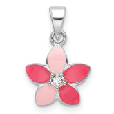 Sterling Silver Rhod-plated Pink Enamel & CZ Flower Children's Pendant