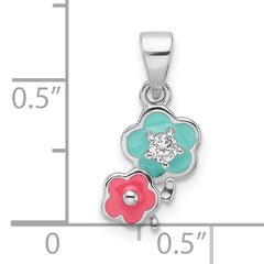 Sterling Silver RH-plated Blue/Pink Enamel & CZ Floral Children's Pendant