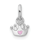 Sterling Silver RH-plated Pink Enameled Heart Crown Children's Pendant