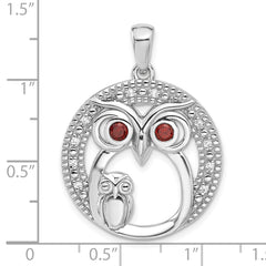 Sterling Silver Rhodium-plated Garnet and CZ Owls Pendant