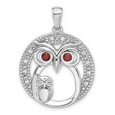Sterling Silver Rhodium-plated Garnet and CZ Owls Pendant