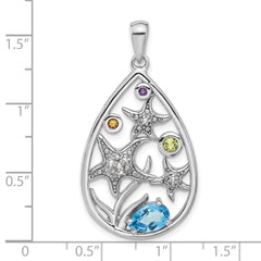 Sterling Silver Rhodium-plated Polished Rainbow Multi-Gemstone Starfish Pendant