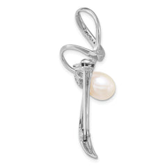 Sterling Silver Rhodium-plated 6-8mm Teardrop White Freshwater Cultured Pearl and CZ Swirl Pin