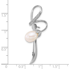 Sterling Silver Rhodium-plated 6-8mm Teardrop White Freshwater Cultured Pearl and CZ Swirl Pin
