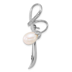 Sterling Silver Rhodium-plated 6-8mm Teardrop White Freshwater Cultured Pearl and CZ Swirl Pin