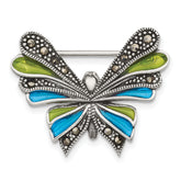 Sterling Silver Antiqued Marcasite with Green and Blue Epoxy Butterfly Pin