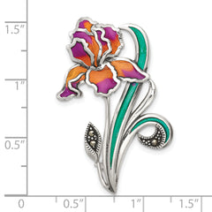 Sterling Silver Antiqued Marcasite and Purple and Yellow with Green Epoxy Iris Floral Pin