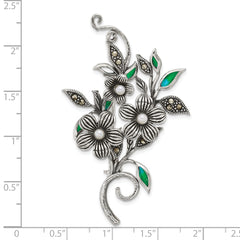 Sterling Silver Antiqued Marcasite and Freshwater Cultured Pearl with Green Epoxy Floral Pin