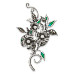 Sterling Silver Antiqued Marcasite and Freshwater Cultured Pearl with Green Epoxy Floral Pin