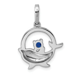 Sterling Silver Rhodium-plated Round Blue and White CZ Dolphin in Circle Pendant