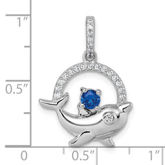 Sterling Silver Rhodium-plated Round Blue and White CZ Dolphin in Circle Pendant