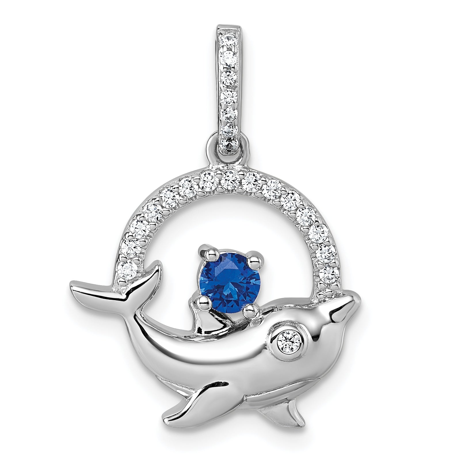 Sterling Silver Rhodium-plated Round Blue and White CZ Dolphin in Circle Pendant