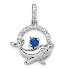 Sterling Silver Rhodium-plated Round Blue and White CZ Dolphin in Circle Pendant