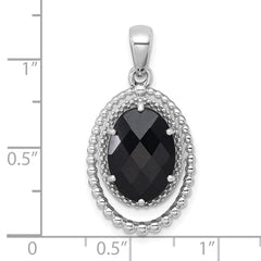 Sterling Silver Rhodium-plated Polished and Beaded Faceted Black Onyx Oval Pendant