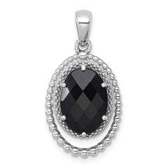 Sterling Silver Rhodium-plated Polished and Beaded Faceted Black Onyx Oval Pendant