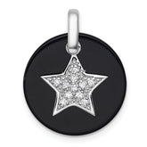 Sterling Silver Rhodium-plated Polished Onyx Circle with CZ Star Dangle Pendant