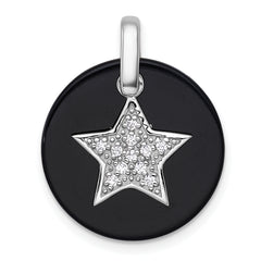 Sterling Silver Rhodium-plated Polished Onyx Circle with CZ Star Dangle Pendant