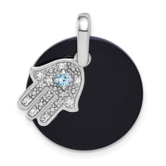 Sterling Silver Rhodium-plated Polished Onyx Circle with Light Swiss Blue Topaz and CZ Hamsa Dangle Pendant