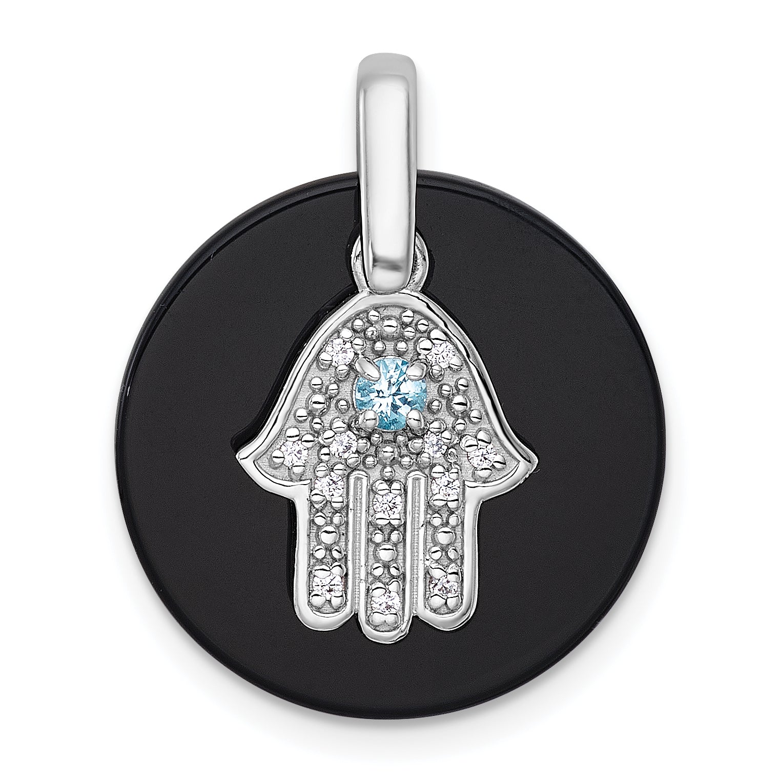 Sterling Silver Rhodium-plated Polished Onyx Circle with Light Swiss Blue Topaz and CZ Hamsa Dangle Pendant