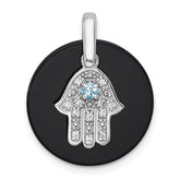 Sterling Silver Rhodium-plated Polished Onyx Circle with Light Swiss Blue Topaz and CZ Hamsa Dangle Pendant