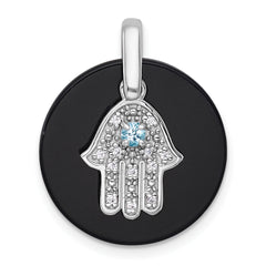 Sterling Silver Rhodium-plated Polished Onyx Circle with Light Swiss Blue Topaz and CZ Hamsa Dangle Pendant