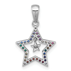 Sterling Silver Rhodium-plated Polished Rainbow Nano Crystals Star With Mini Star Dangle Childrens Pendant