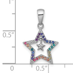 Sterling Silver Rhodium-plated Polished Rainbow Nano Crystals Star With Mini Star Dangle Childrens Pendant
