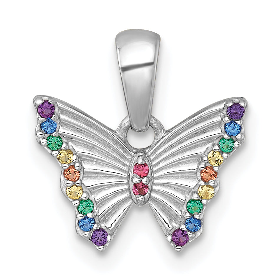 Sterling Silver Rhodium-plated Polished Rainbow Nano Crystals Butterfly Childrens Pendant