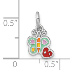 Sterling Silver Rhodium-plated Polished Green/Yellow/Orange/Red Enamel Butterfly And Heart Childrens Pendant