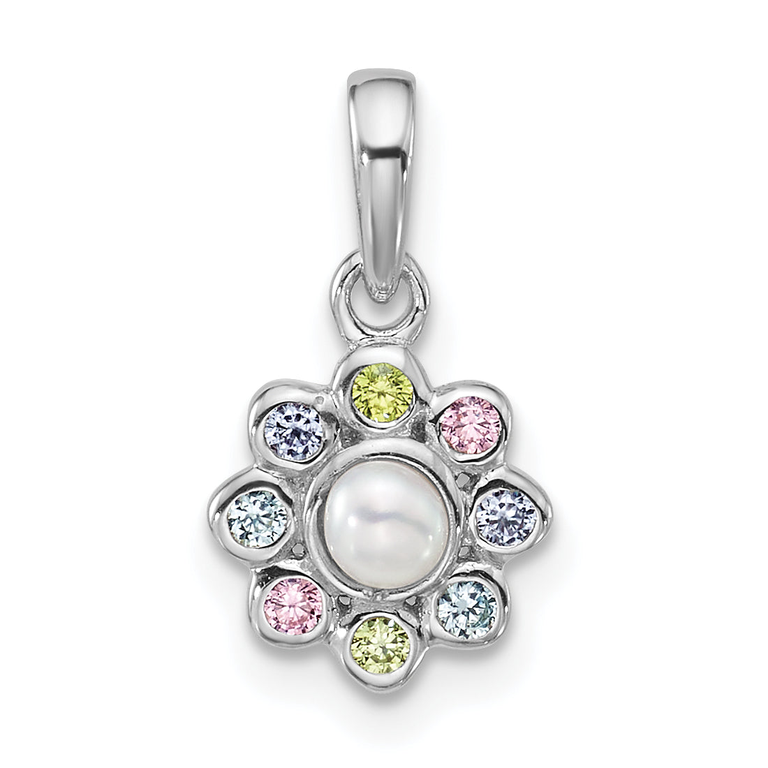 Sterling Silver Rhodium-plated Polished Green, Pink, Blue and Purple CZ and Freshwater Cultured Pearl Flower Pendant