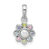 Sterling Silver Rhodium-plated Polished Green, Pink, Blue and Purple CZ and Freshwater Cultured Pearl Flower Pendant