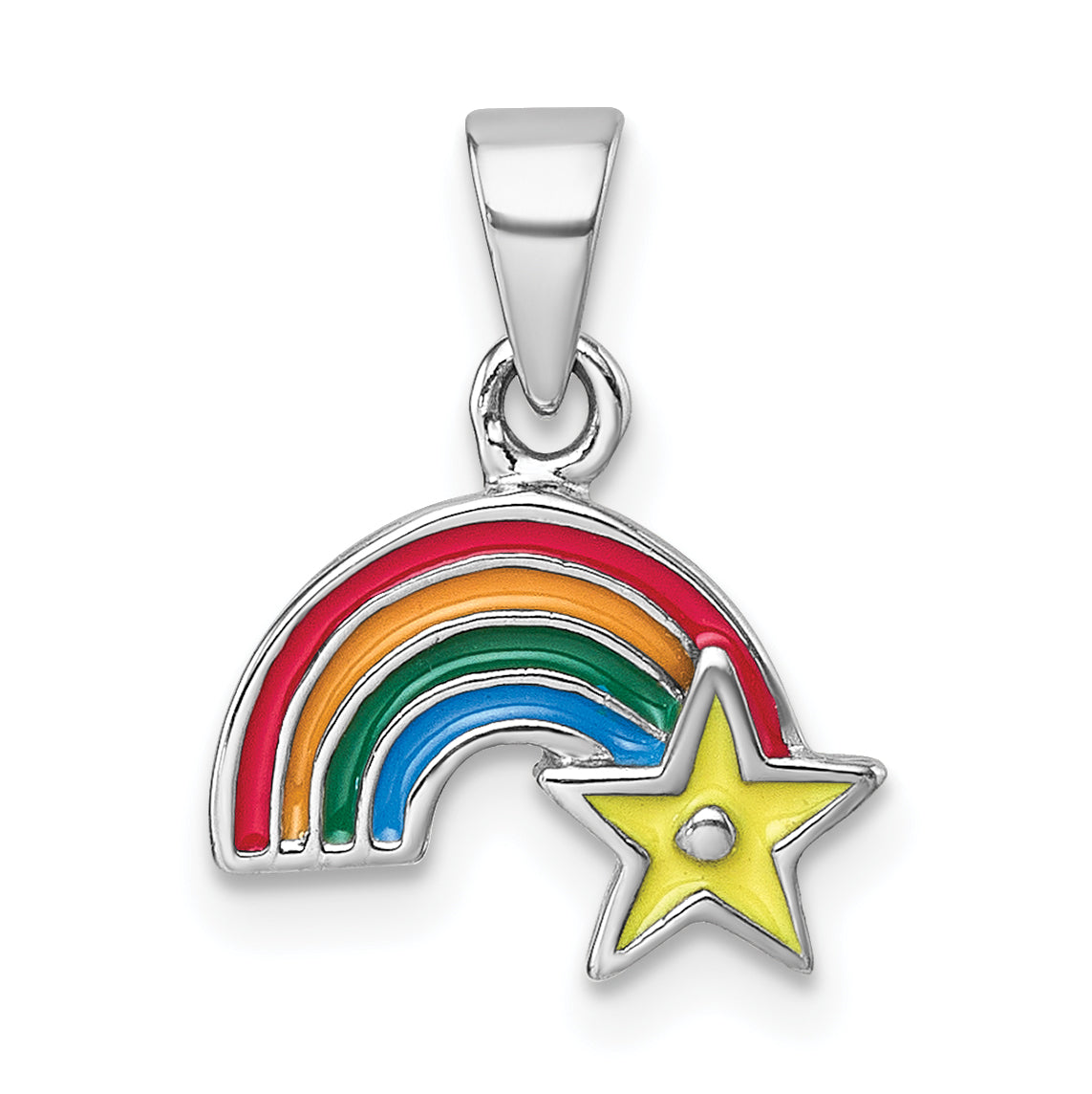 Sterling Silver Rhodium-plated Children's Multicolor Enamel Rainbow with Star Pendant