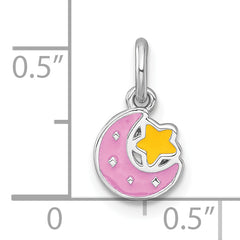 Sterling Silver Rhodium-plated Polished Pink and Yellow Enamel Moon and Star Childrens Pendant