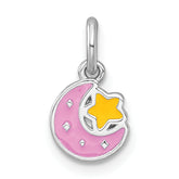 Sterling Silver Rhodium-plated Polished Pink and Yellow Enamel Moon and Star Childrens Pendant