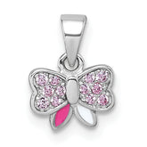 Sterling Silver Rhodium-plated Children's Pink CZ with Pink and White Enamel Bow Pendant