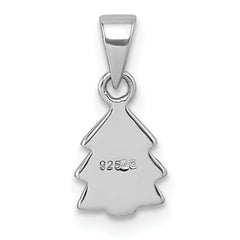 Sterling Silver Rhodium-plated Children's Green Enamel Christmas Tree with Hearts Pendant