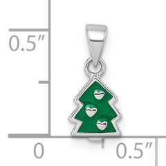Sterling Silver Rhodium-plated Children's Green Enamel Christmas Tree with Hearts Pendant