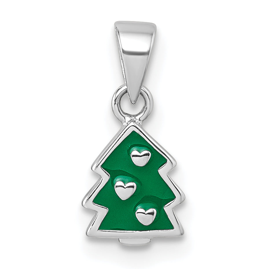 Sterling Silver Rhodium-plated Children's Green Enamel Christmas Tree with Hearts Pendant