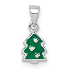 Sterling Silver Rhodium-plated Children's Green Enamel Christmas Tree with Hearts Pendant