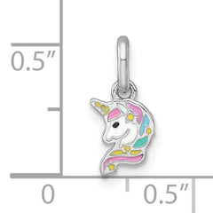 Sterling Silver Rhodium-plated Polished White and Rainbow Enamel Unicorn Head Childrens Pendant