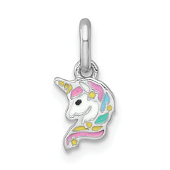 Sterling Silver Rhodium-plated Polished White and Rainbow Enamel Unicorn Head Childrens Pendant