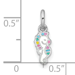 Sterling Silver Rhodium-plated Polished White and Rainbow Enamel Seahorse Childrens Pendant
